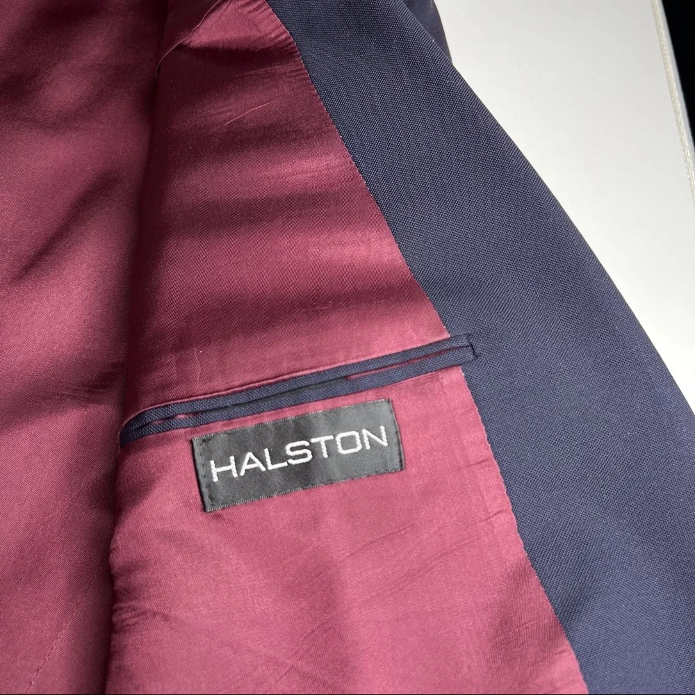 Vintage Halston Navy Wool Blazer 44 Union-Made in USA Gold Buttons Preppy